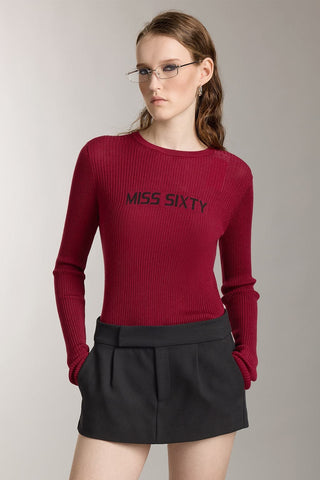 Crew Neck Wool Knit Top With Logo