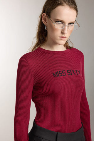 Crew Neck Wool Knit Top With Logo