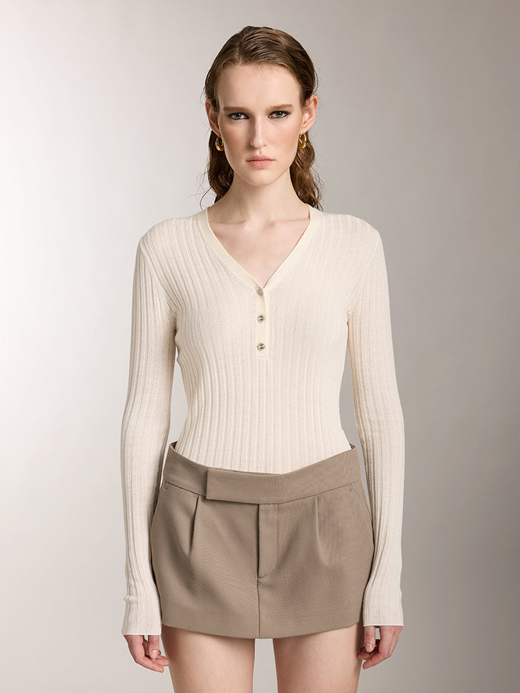 V-Neck Wool Knit Top With Crystal Buttons