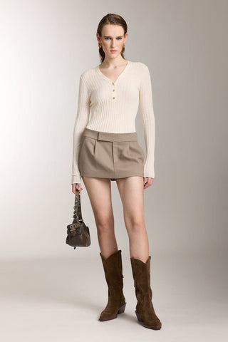 V-Neck Wool Knit Top With Crystal Buttons