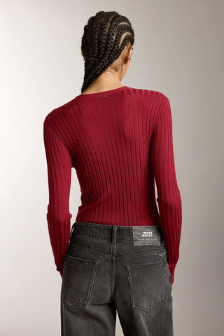 V-Neck Wool Knit Top With Crystal Buttons