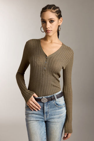 V-Neck Wool Knit Top With Crystal Buttons