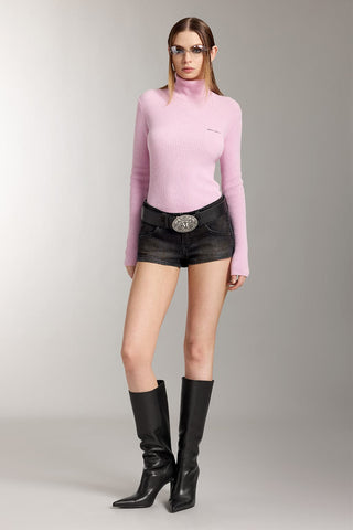 Turtleneck Wool Knit Top With Embroidered