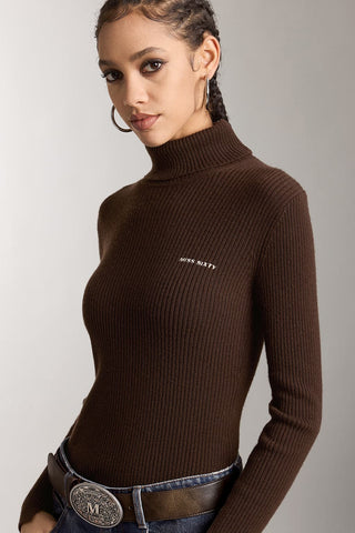 Turtleneck Wool Knit Top With Embroidered