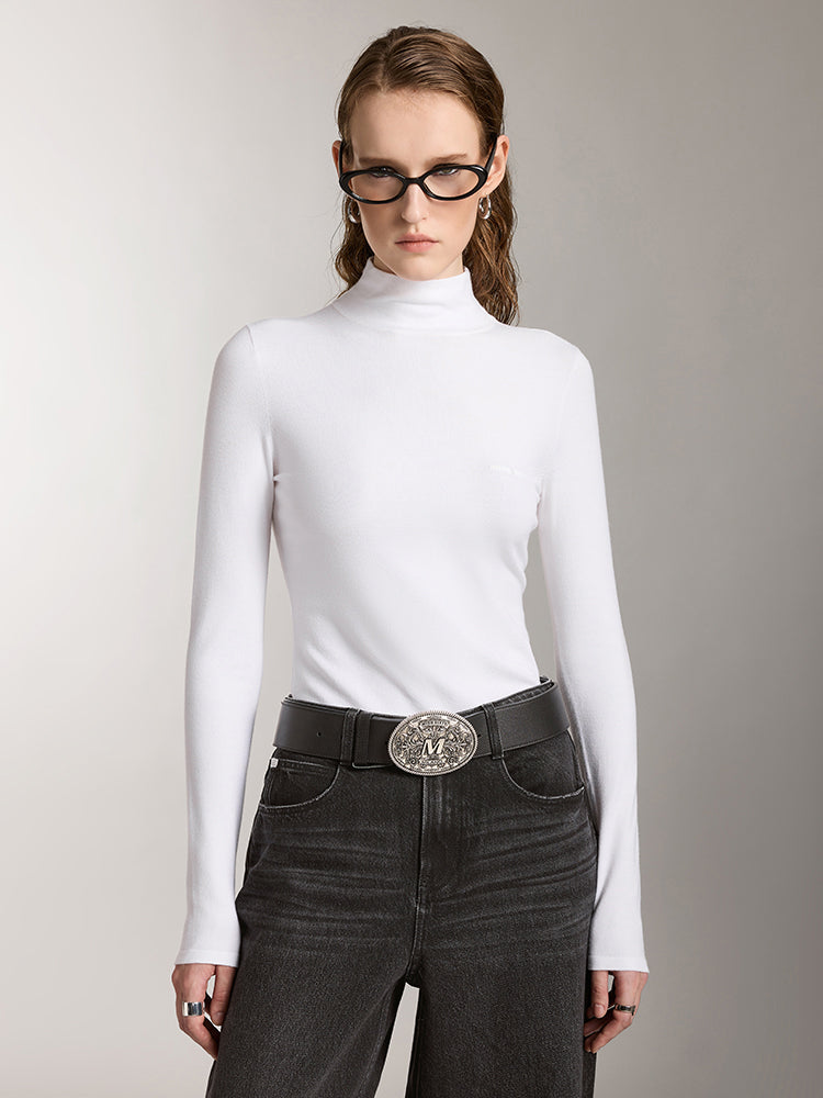 Mock Turtleneck Embroidered Knit Top