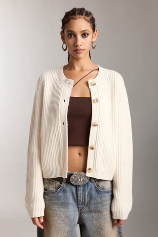 Crew Neck Cropped Wool Knitted Cardigan