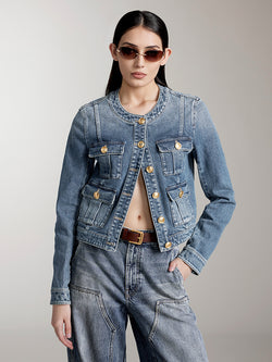 Crew Neck Cropped Cargo Denim Jacket