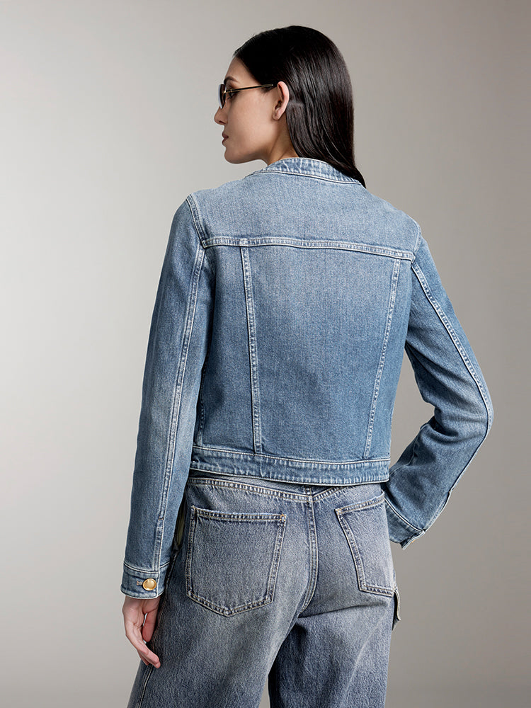 Crew Neck Cropped Cargo Denim Jacket