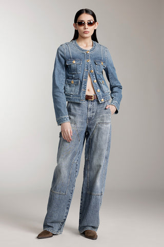 Crew Neck Cropped Cargo Denim Jacket