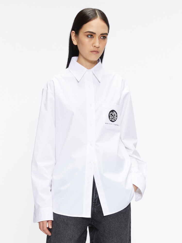 Miss Sixty X Keith Haring Capsule Collection Relaxed Long Shirt With Embroidered Medallion