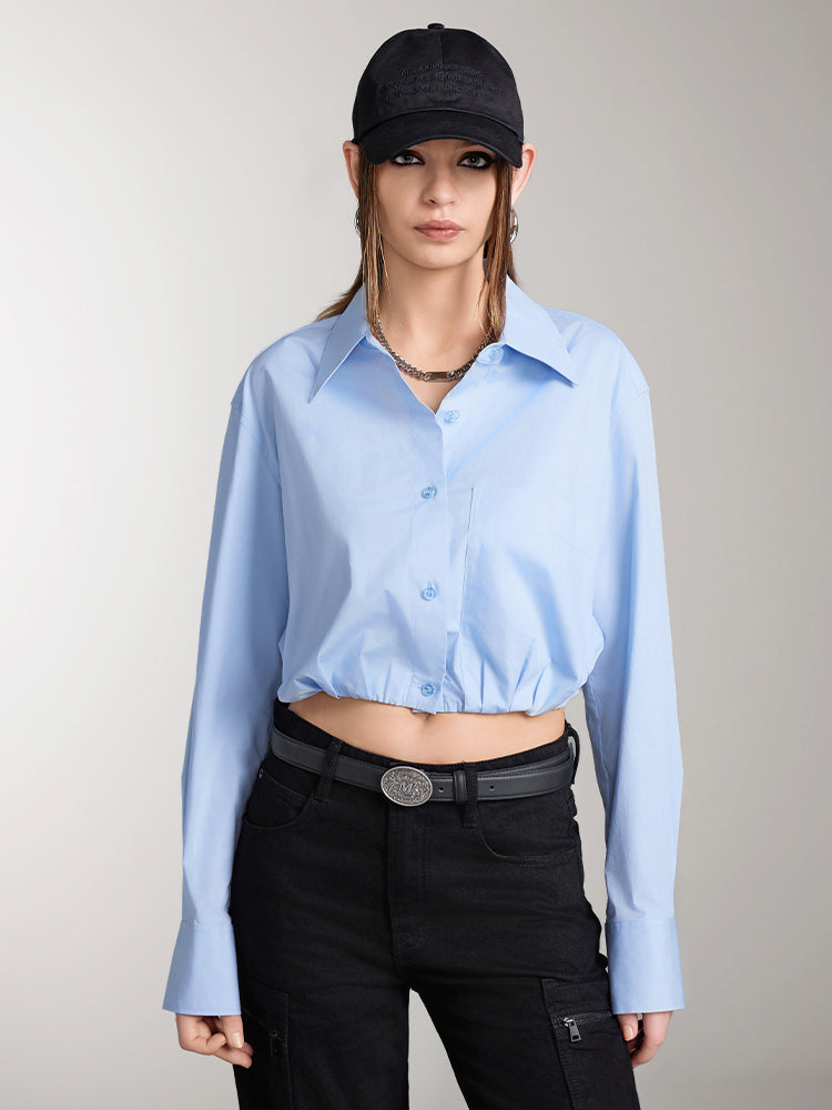 Lapel-Collar Long Sleeves Cropped Shirt