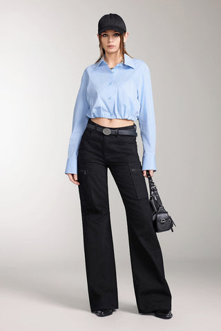 Lapel-Collar Long Sleeves Cropped Shirt