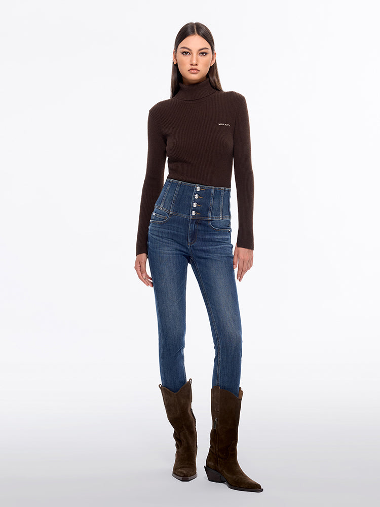 High Waisted Cashmere-Blend Slim Fit Jeans