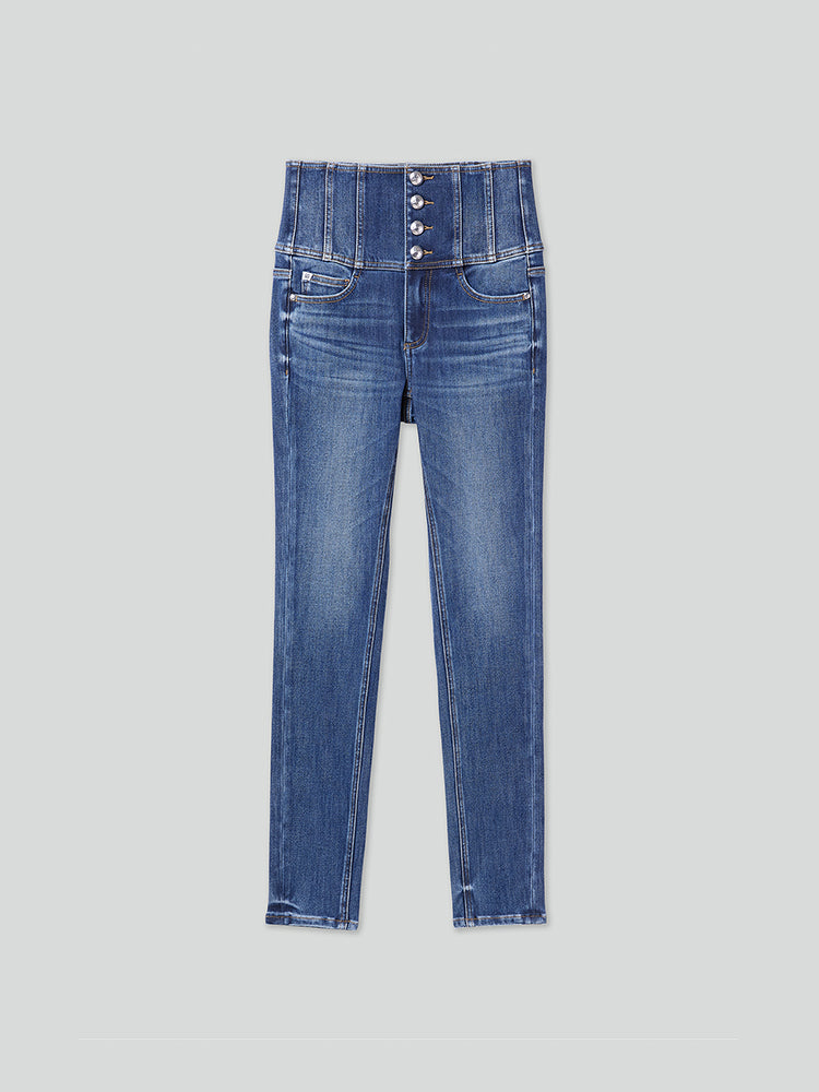 High Waisted Cashmere-Blend Slim Fit Jeans