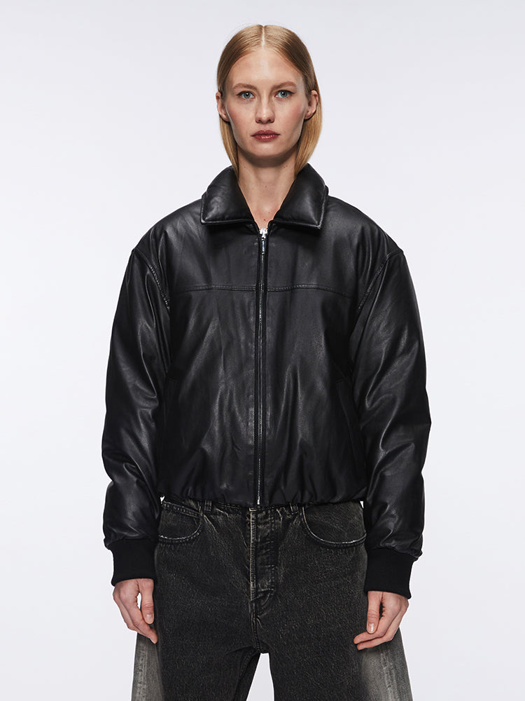 Funnel Neck Leather Bomber Jacket