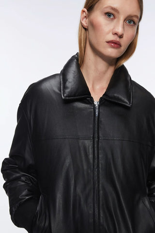 Funnel Neck Leather Bomber Jacket