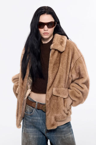 Funnel Neck Faux Fur Coat