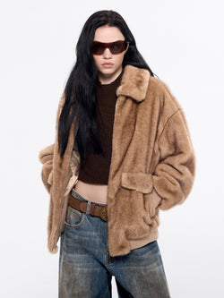 Funnel Neck Faux Fur Coat