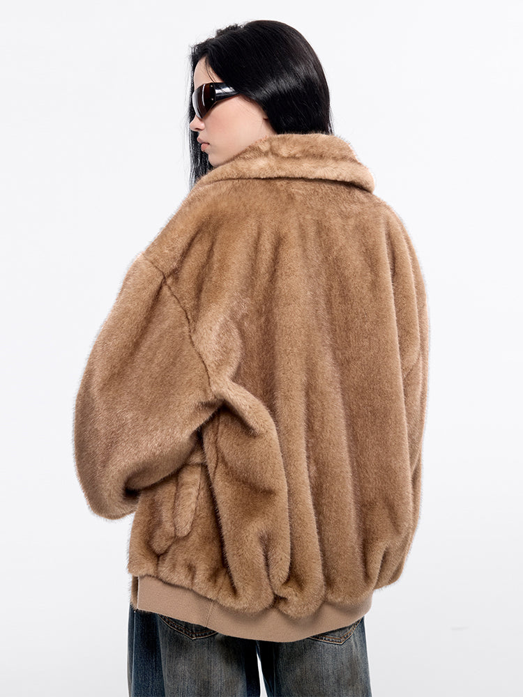 Funnel Neck Faux Fur Coat