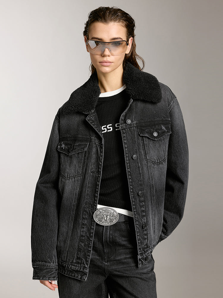 Detachable Faux Fur Collar Denim Jacket