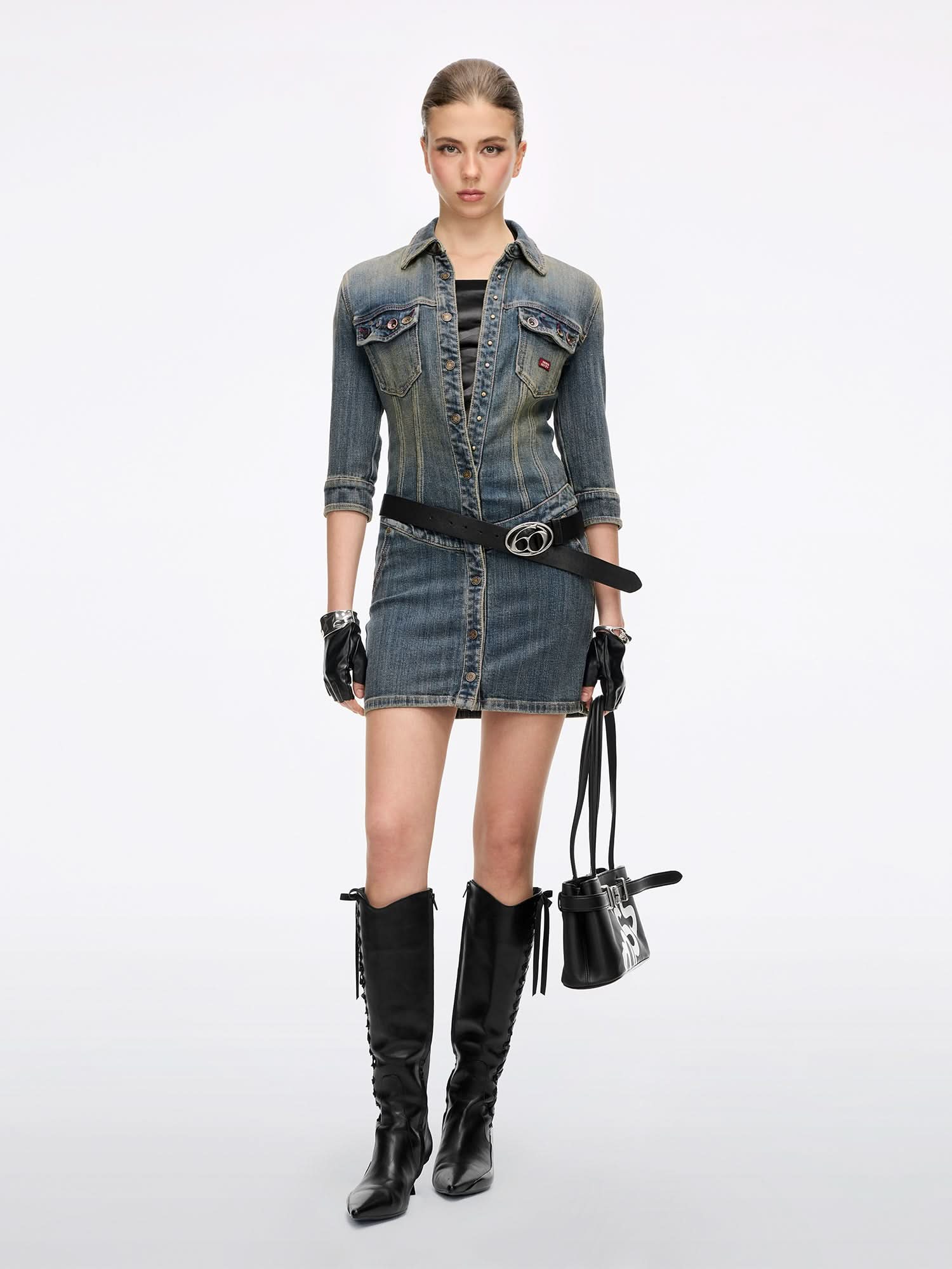 Button-Front Denim Dress