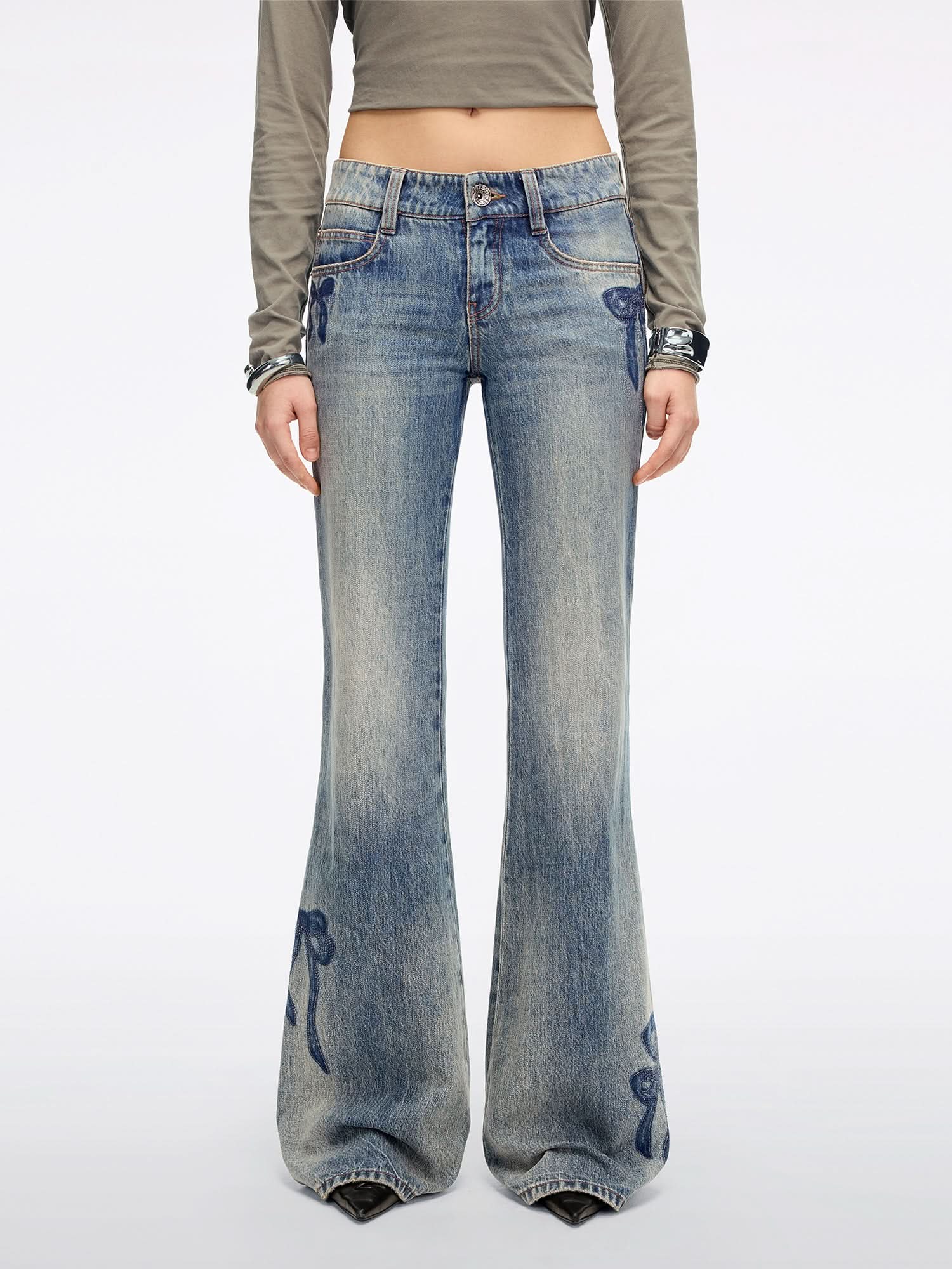 Rhinestone-Embellished Flared Jeans