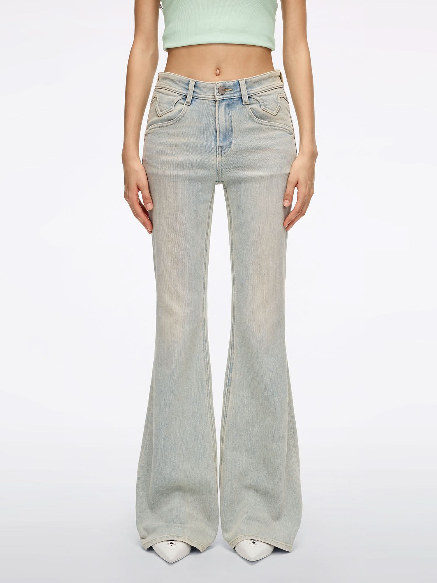 Distressed Flared Denim Jeans-BELLA