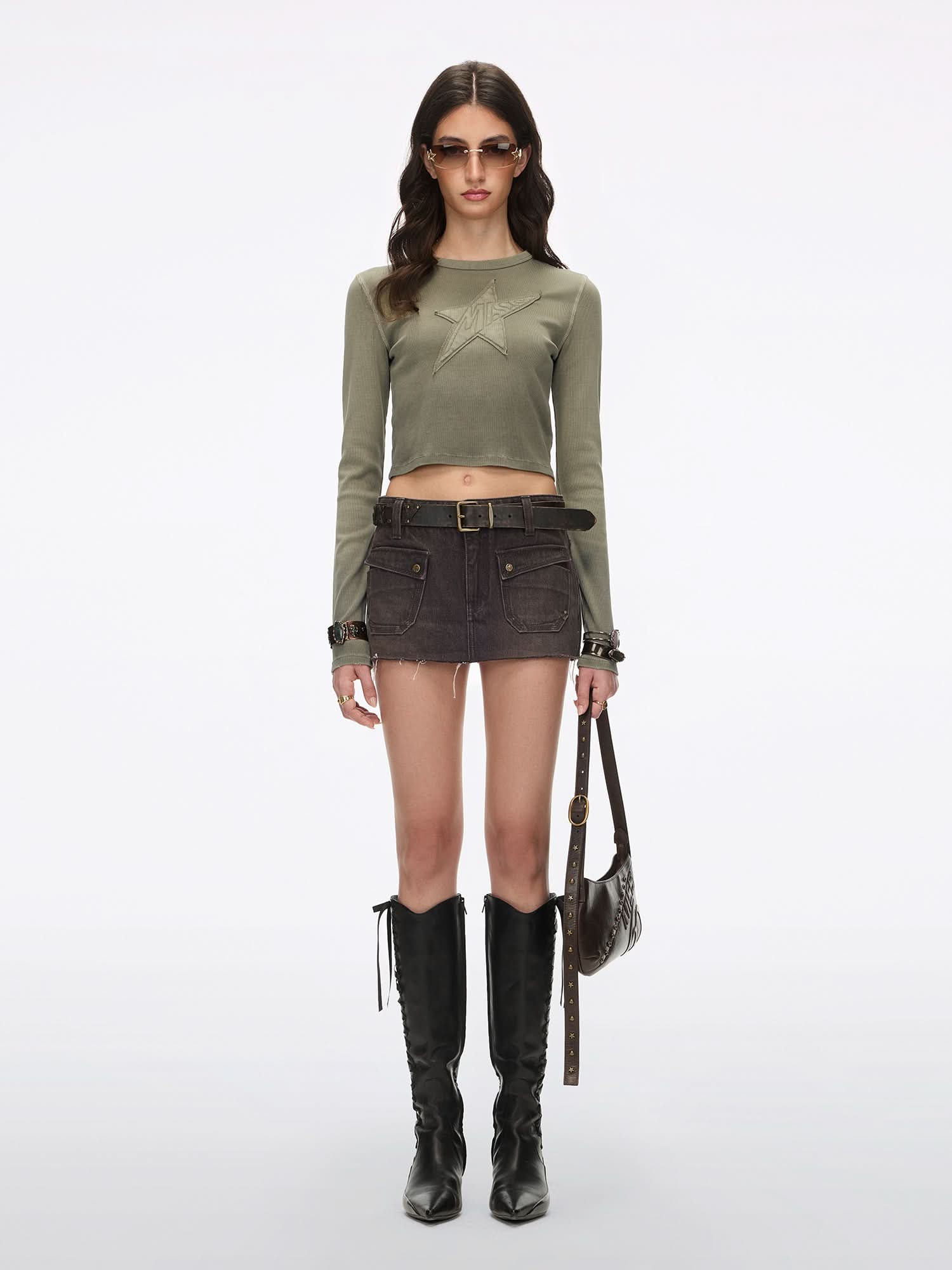 Leather-Paneled Denim Skort