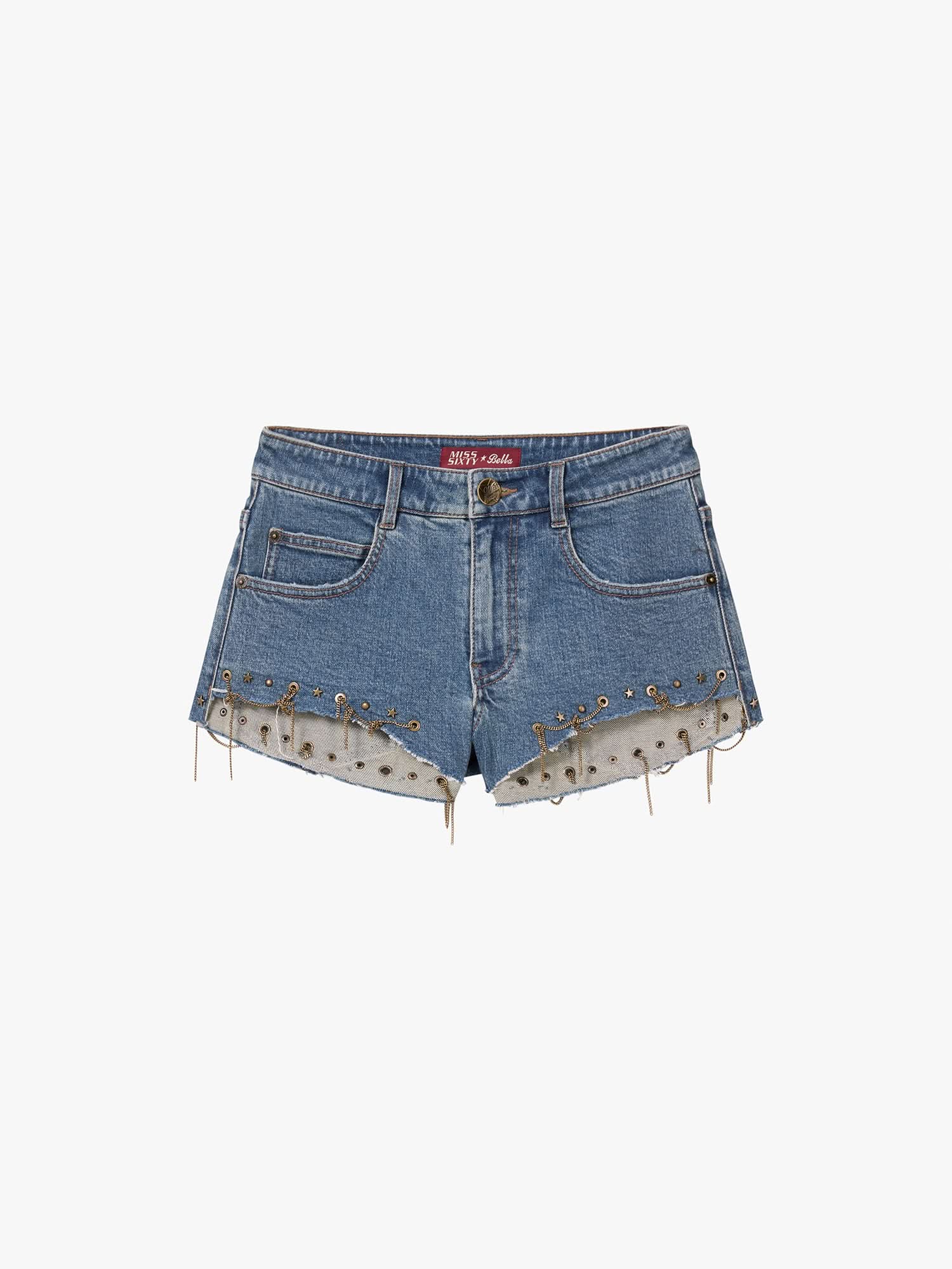 Studded Chain Denim Shorts