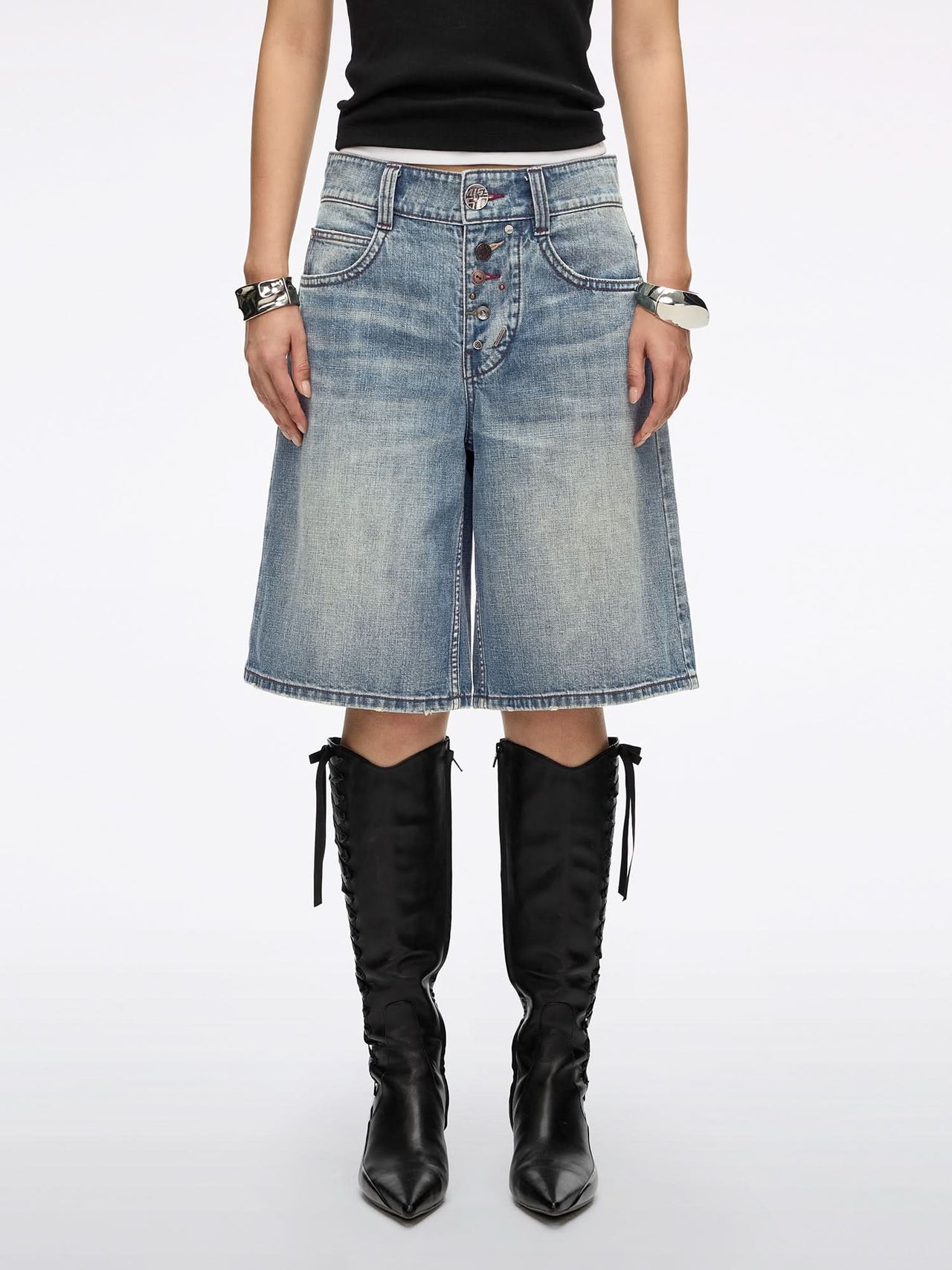 Multi-Button Denim Shorts