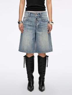 Multi-Button Denim Shorts