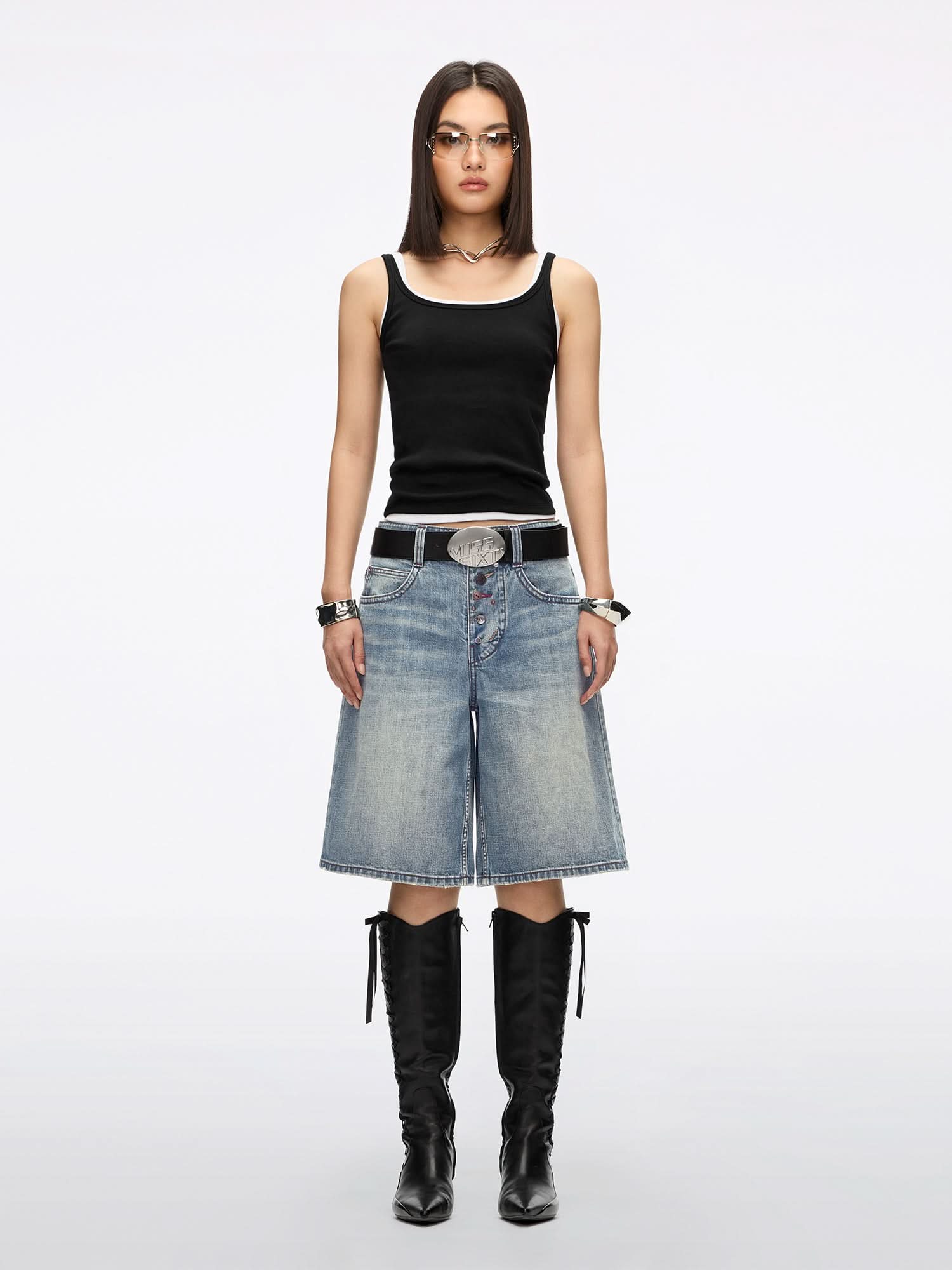 Multi-Button Denim Shorts