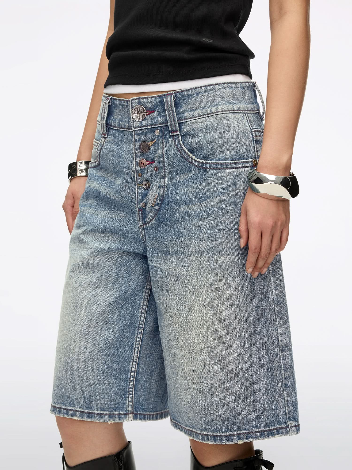 Multi-Button Denim Shorts