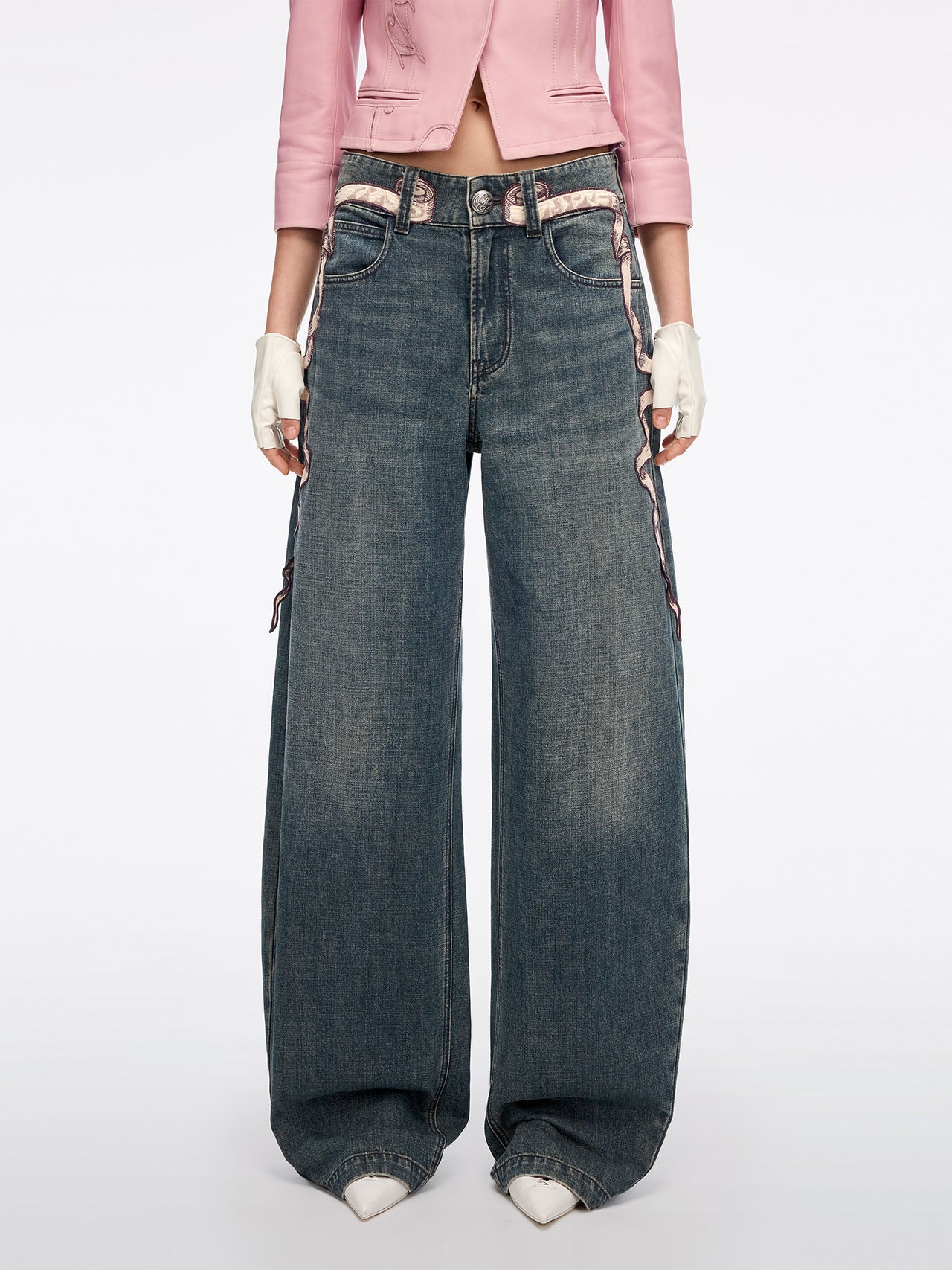 Embroidered Wide-Leg Jeans