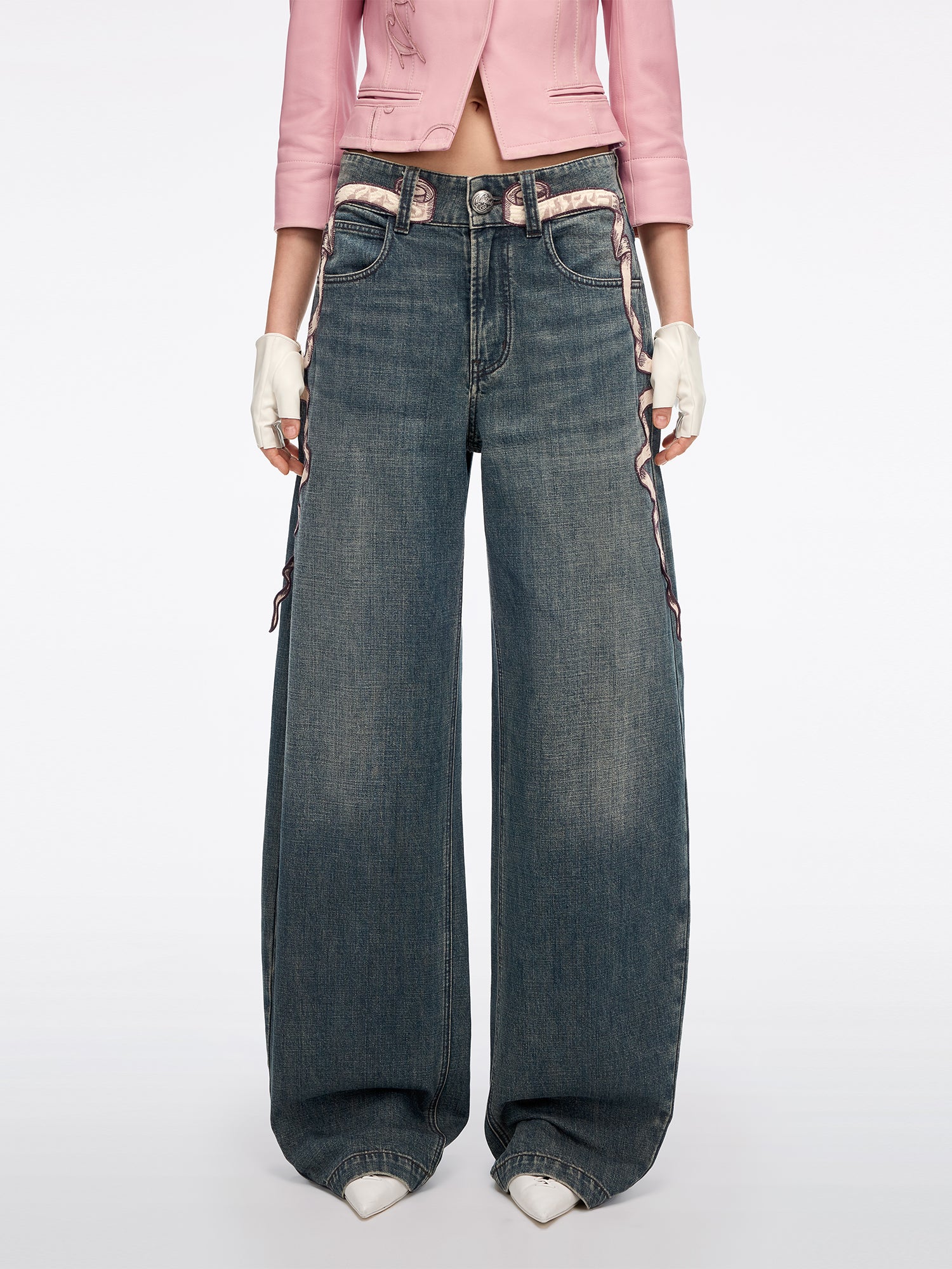 Embroidered Wide-Leg Jeans