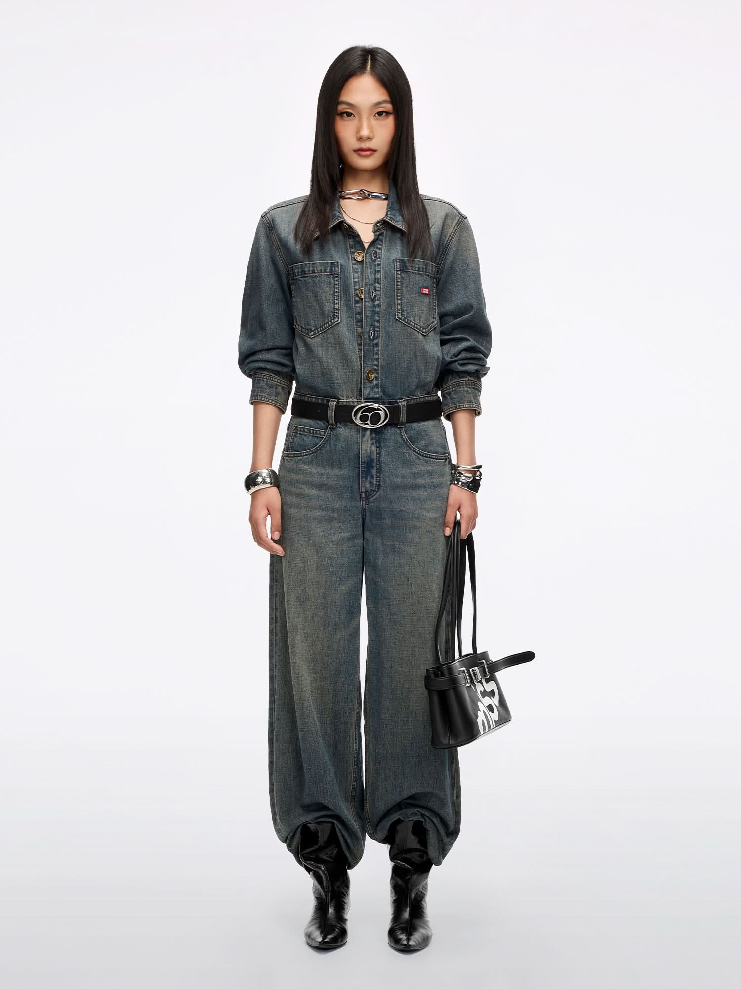Distressed Denim Jumpsuit - DEEP BLUE / 30 / XS