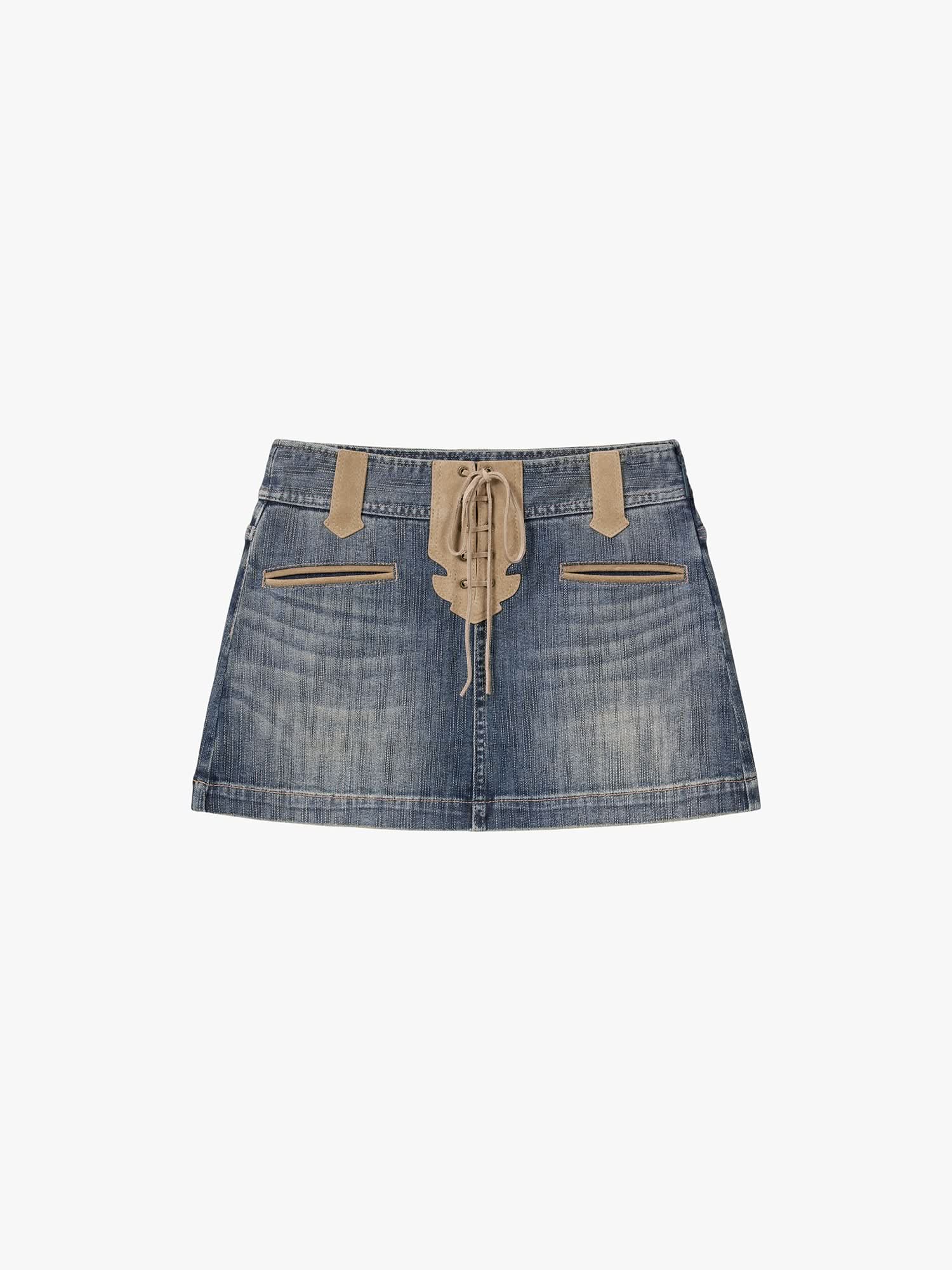 Leather-Panel Denim Mini Skirt