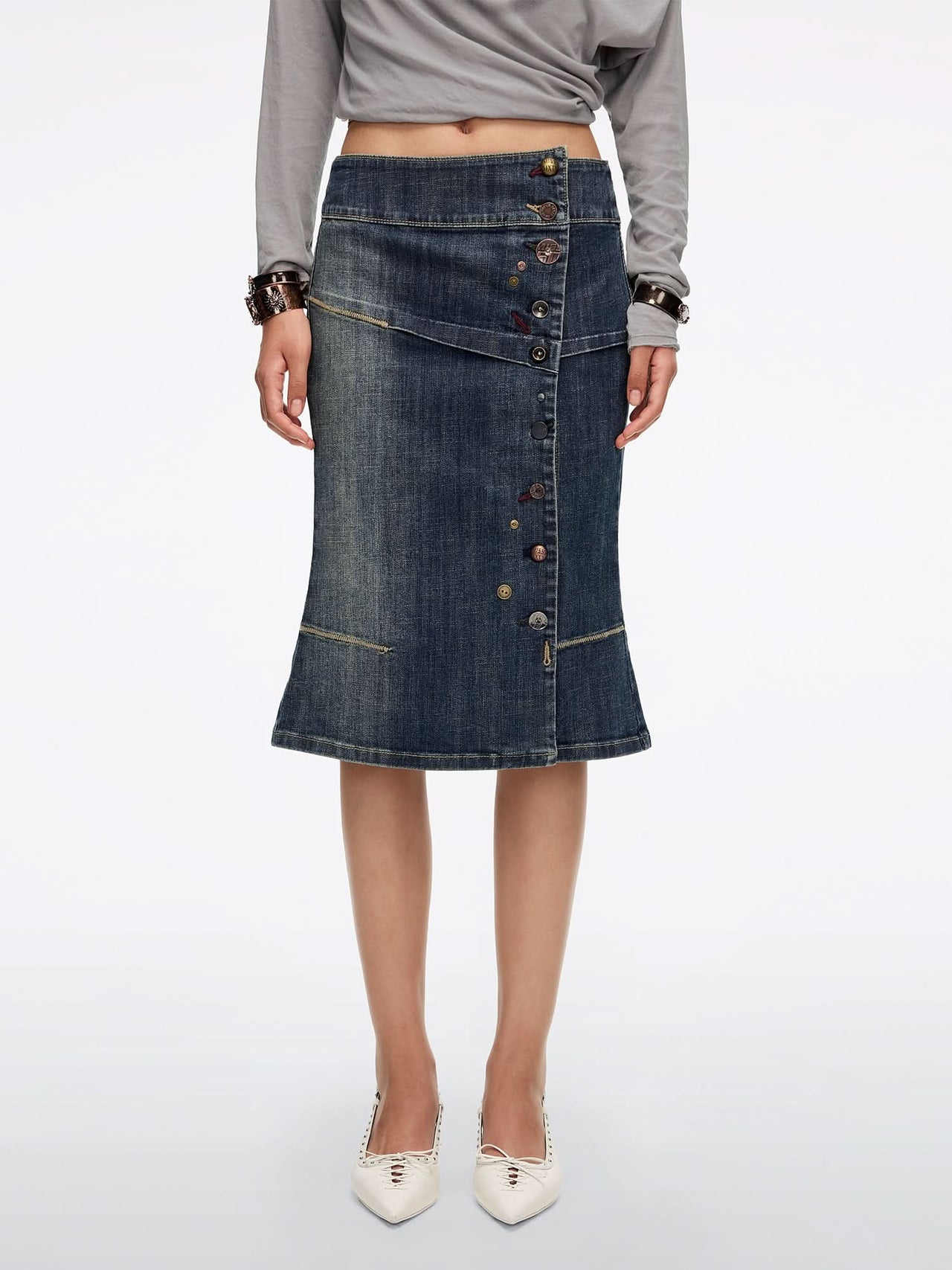 Multi-Button Denim Skirt