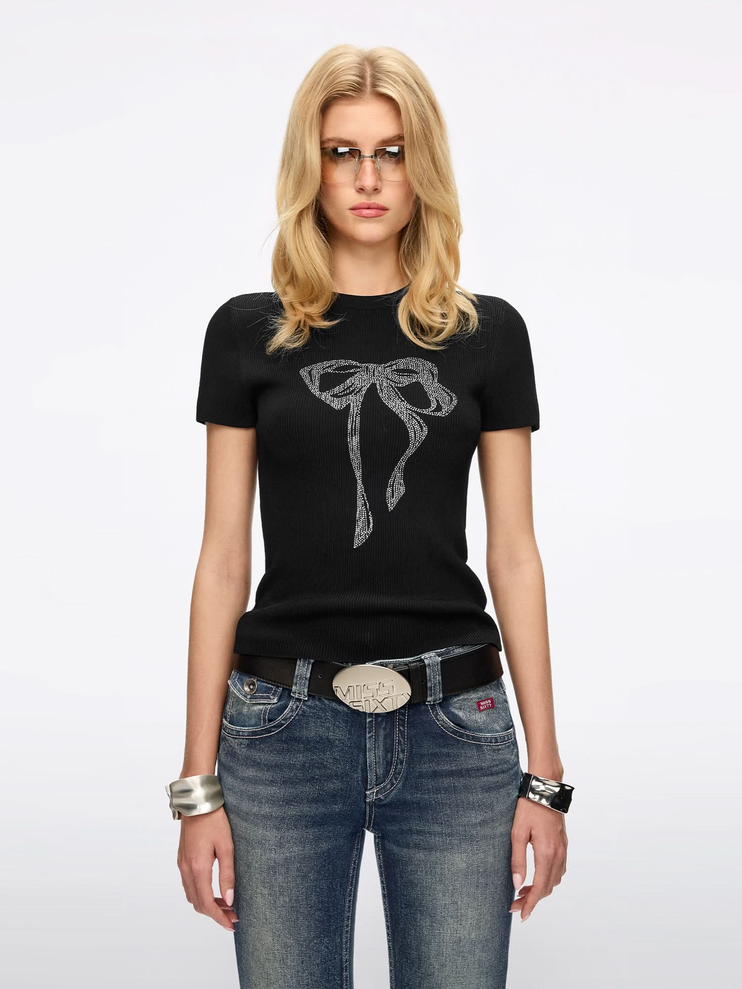 Rhinestone Bow Knit Top