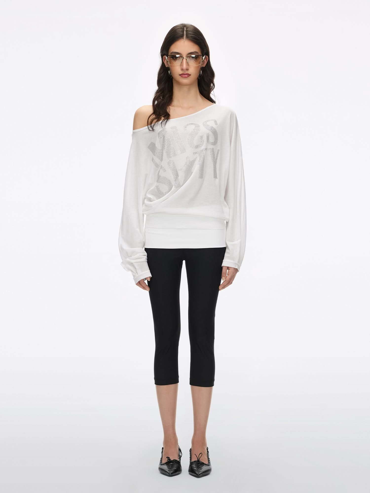 Off-Shoulder Rhinestone T-Shirt