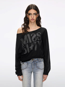 Off-Shoulder Rhinestone T-Shirt