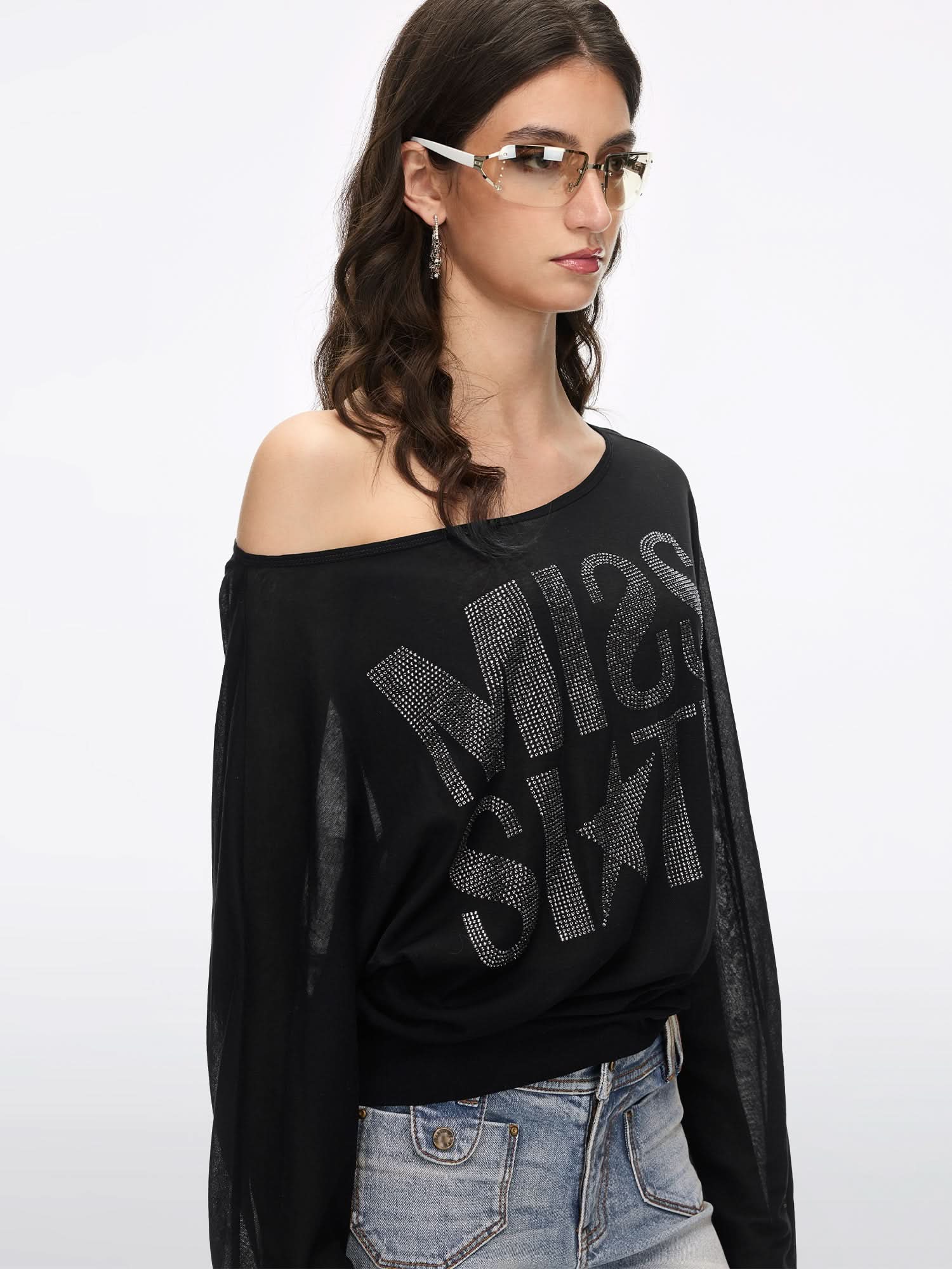 Off-Shoulder Rhinestone T-Shirt
