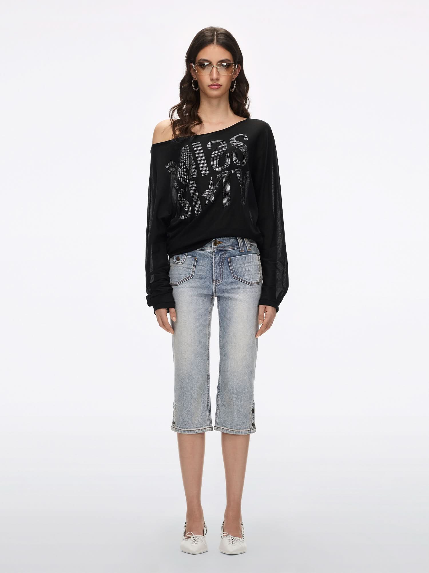 Off-Shoulder Rhinestone T-Shirt