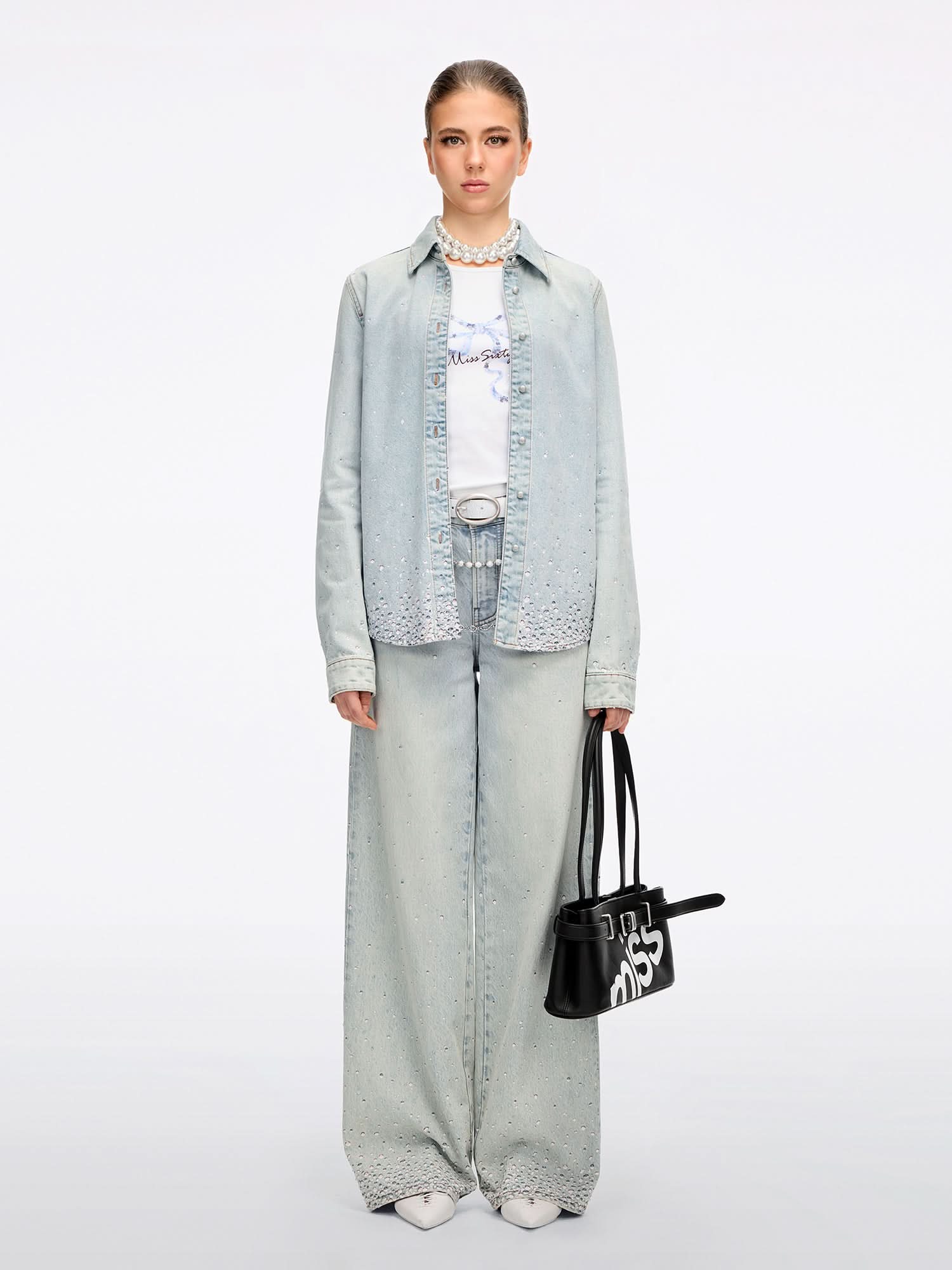 トップス STONE  Rhinestone Denim Shirt - MISS SIXTY