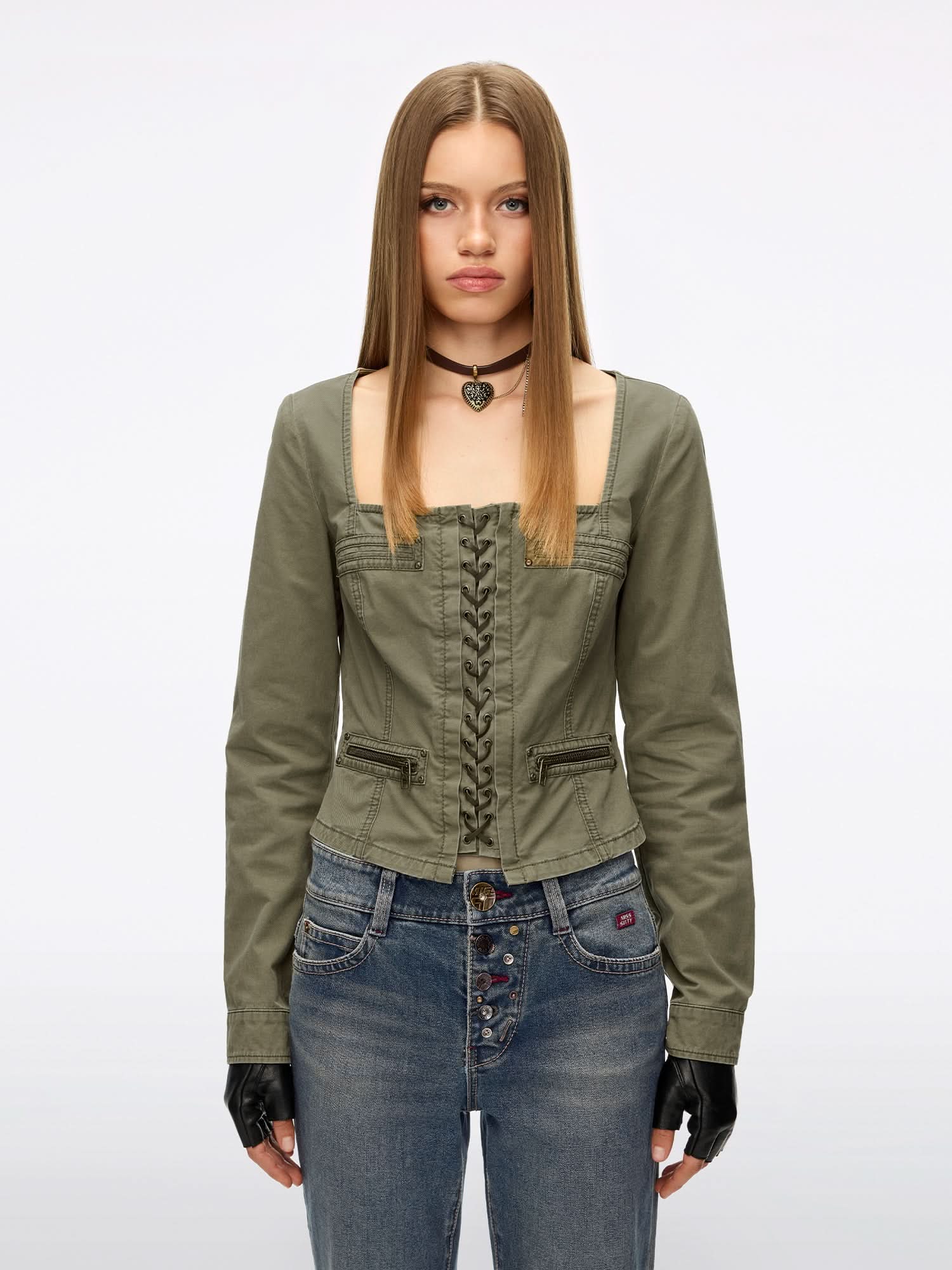 Studded Zipper Denim Shirt