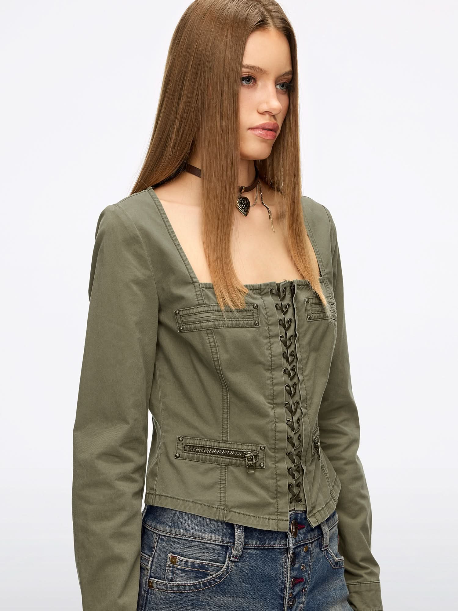 Studded Zipper Denim Shirt