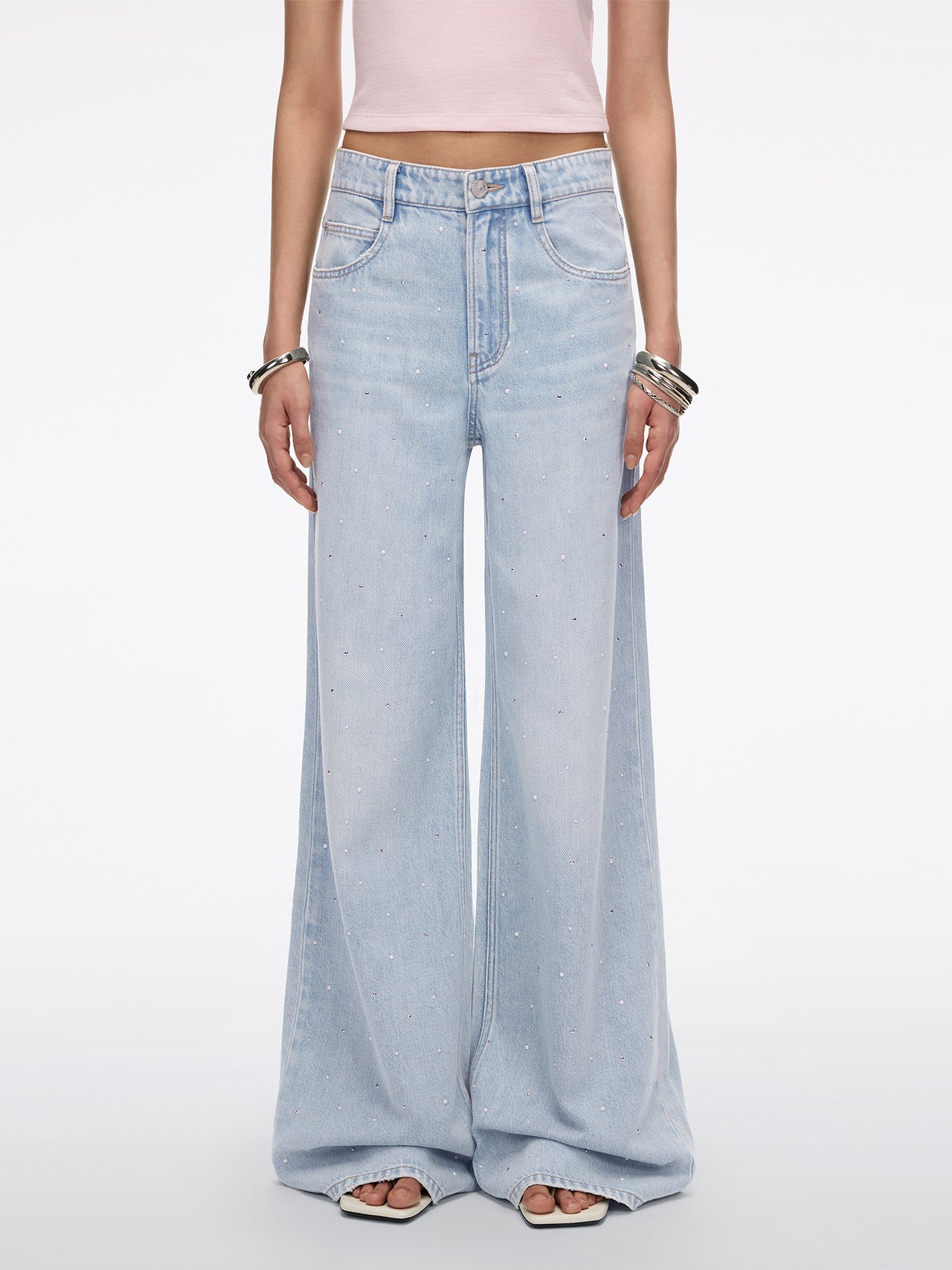 Rhinestone-Embellished Wide-Leg Jeans
