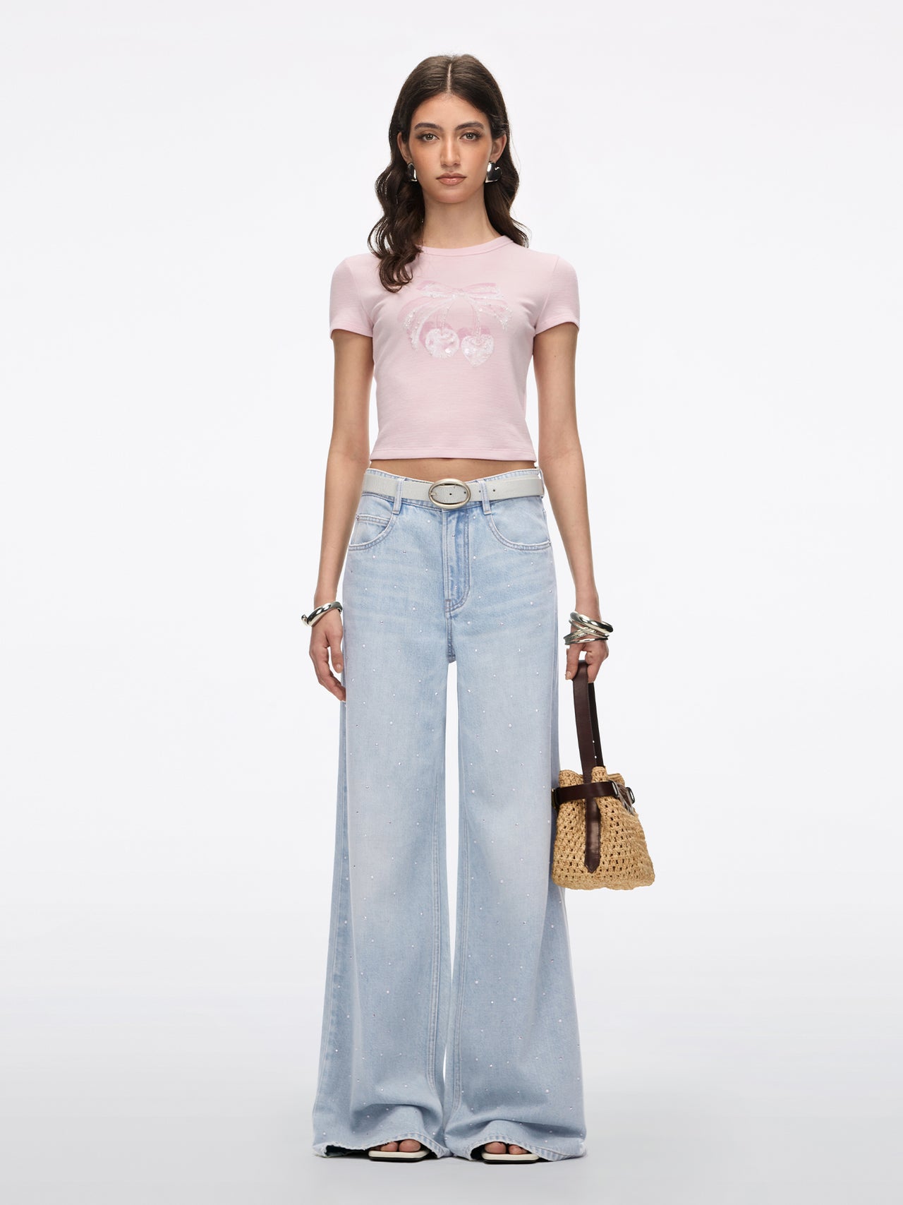 Rhinestone-Embellished Wide-Leg Jeans