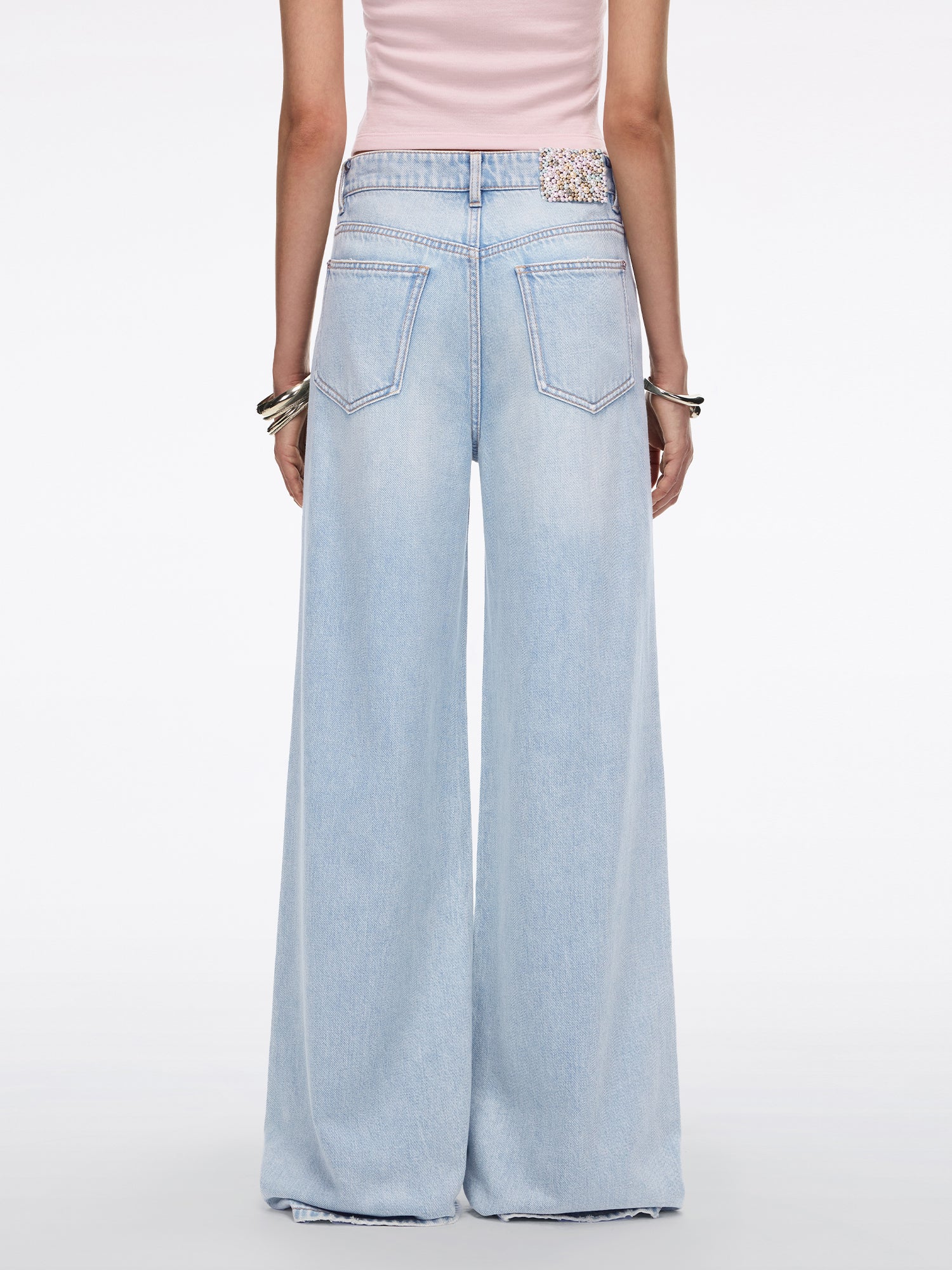 Rhinestone-Embellished Wide-Leg Jeans