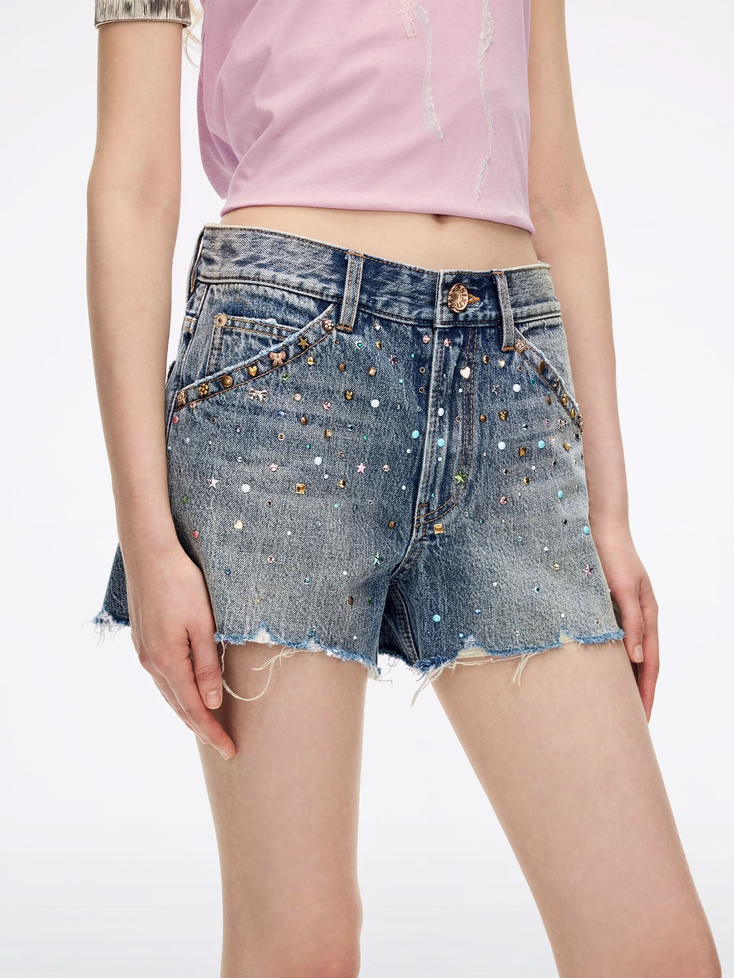 Rhinestone-Embellished Denim Shorts